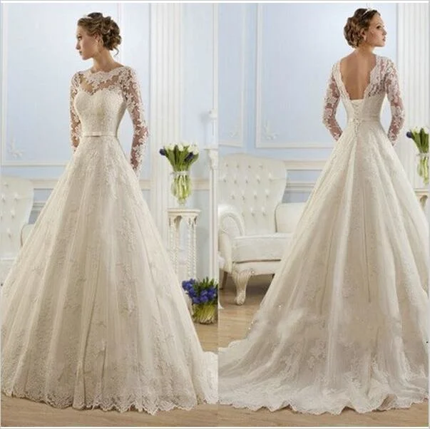 

Luxury Floor Length Lace V-neck Off Shoulder Mid Long Sleeve Bride's Tail Wedding Dress Tulle Elegant White New Wedding Dress