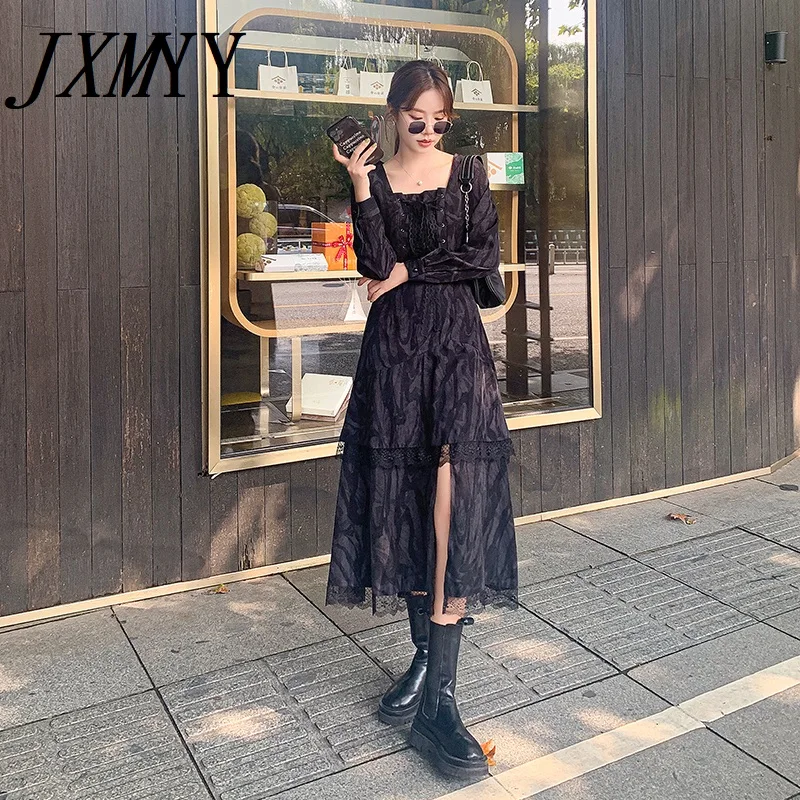 JXMYY Elegant Temperament Dress 2021 Fashion New Female Tie-Dye With Lace Little Black Cold Wind High-End Long Skirt | Женская одежда