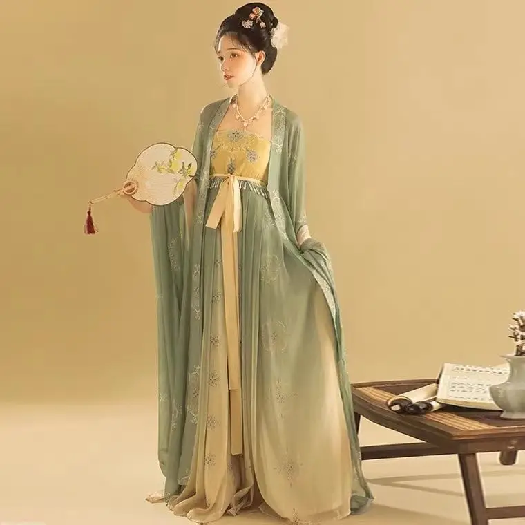 

Женский костюм ханьфу в стиле Тан, с цветочной вышивкой, зеленая одежда для выступлений, лето 2021, костюм для косплея с большими рукавами