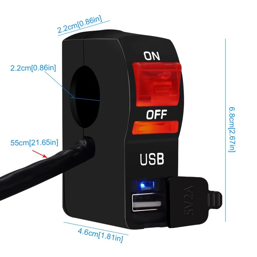 

DC 12V LED Indicator Motorcycle Handlebar Mount USB Phone Charger with Switch