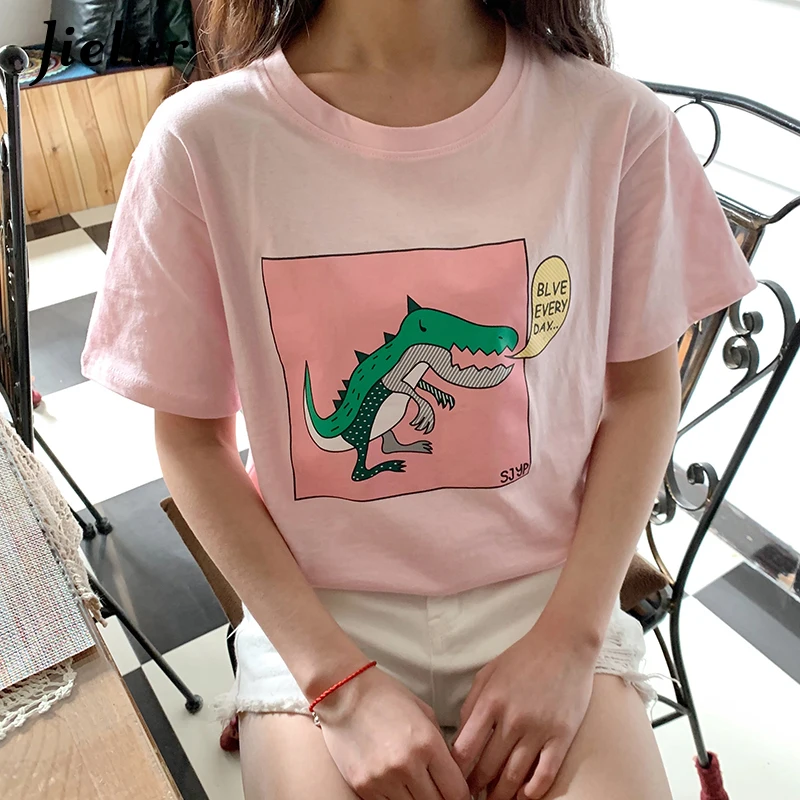 Jielur Women T-shirt Summer O-neck Cartoon Printed Casual Blusas Ladies Cute Tee Tops White Femme Korean Streetwear T Shirt 2021 | Женская