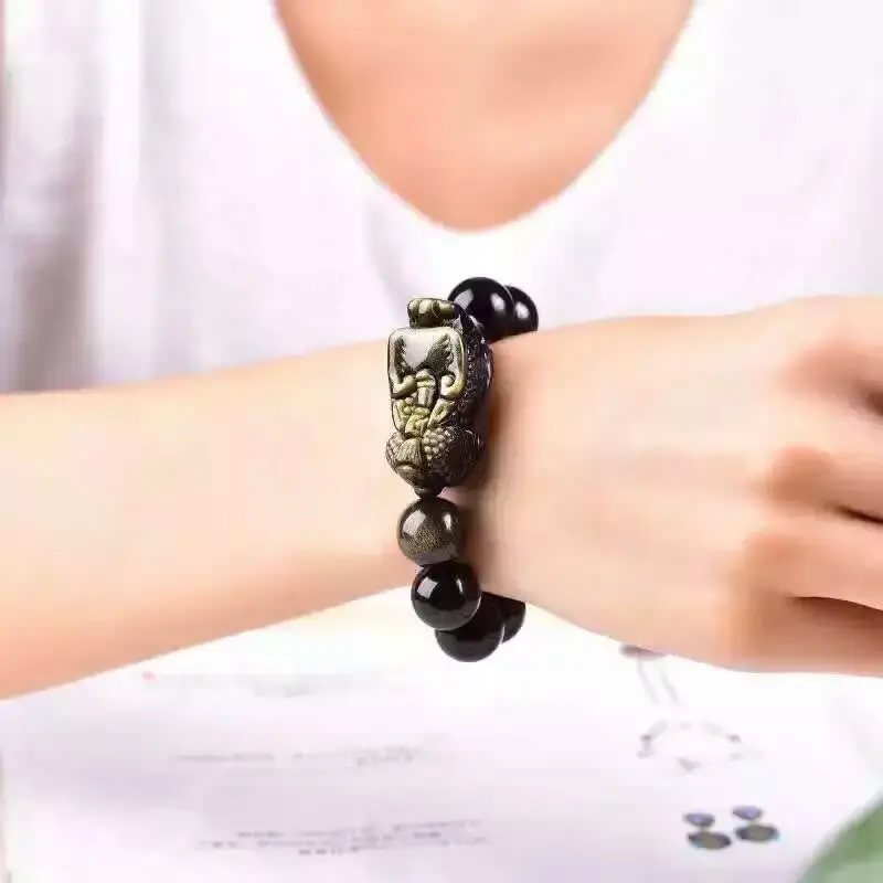 

LETSFUN Fine Bright Natural Crystal Obsidian Stone Mythical Wild Animal Bracelet Overlord Male and Female Obsidian Hand String