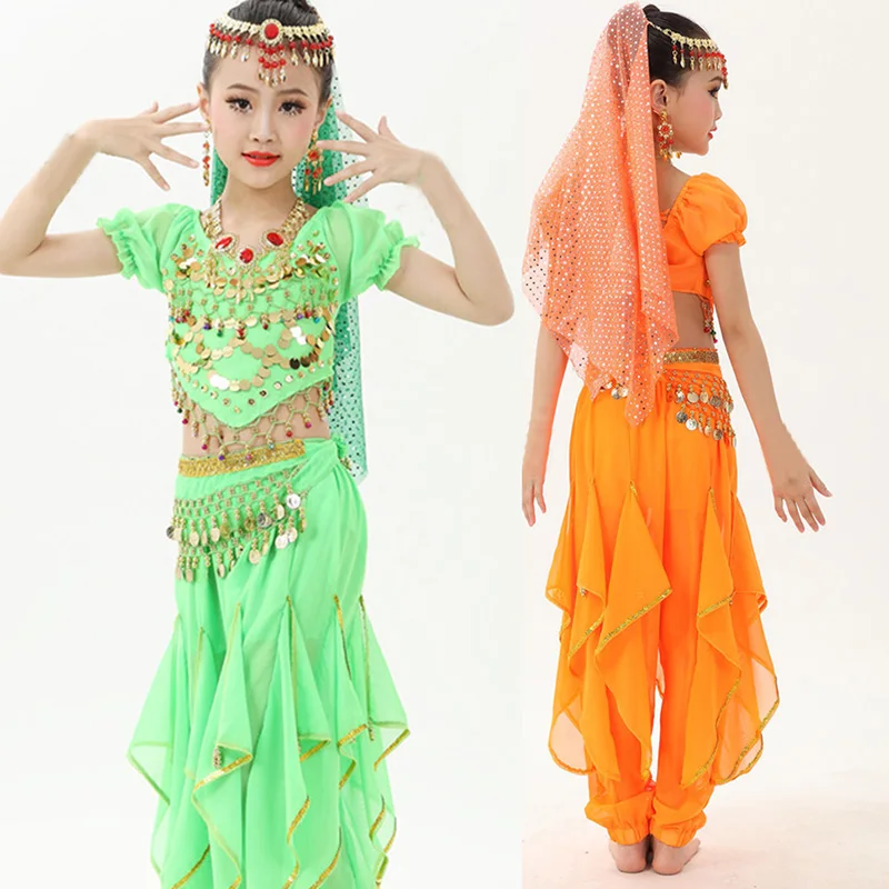 Conjunto de traje de danza del vientre para niña y niño, traje de baile indio, conjunto de ropa de gasa de bollwood
