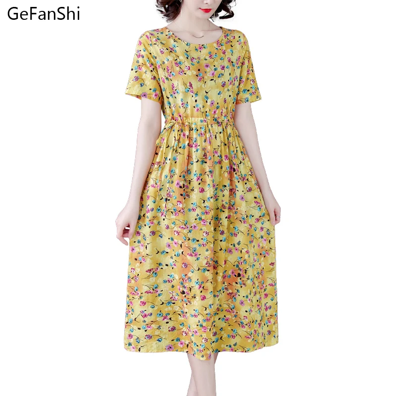 

New Summer Women's Dress Floral Print Short Sleeve O-neck Casual Loose Fashion Cotton Linen Office Elegant Ladies Dresses