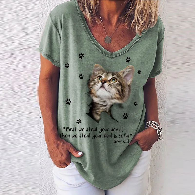 

2021 Summer Cute Cat V Neck Cartoon Women T-Shirts Plus Size Pullover Solid Color Letter Print Loose Short Sleeve Tops