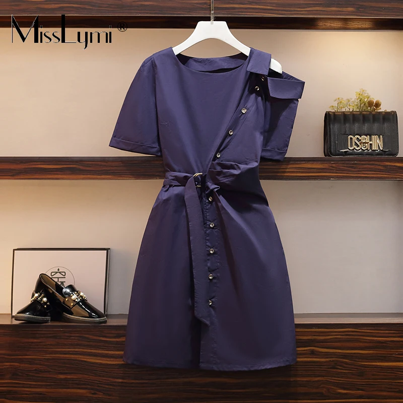 

L-4XL Plus Size Blusa Off Shoulder Dress Women Summer 2021 Harajuku Style Fashion Button Elastic Waist Pleated Dress Female Belt