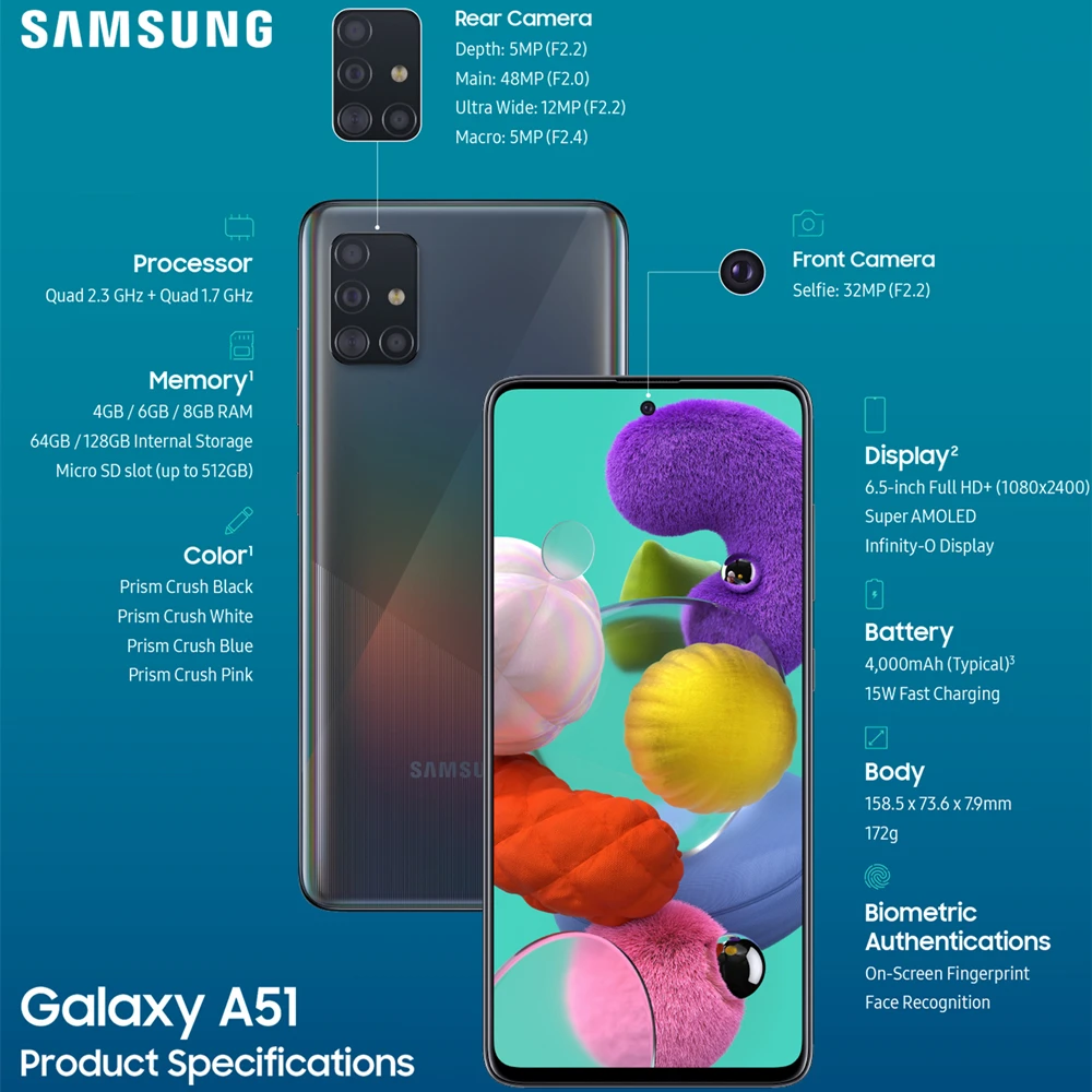 unlocked samsung galaxy a51 a515f 2sim mobile phone 6 5 6gb ram 128gb rom octa core nfc 4cameras 48mp android 10 smartphone free global shipping