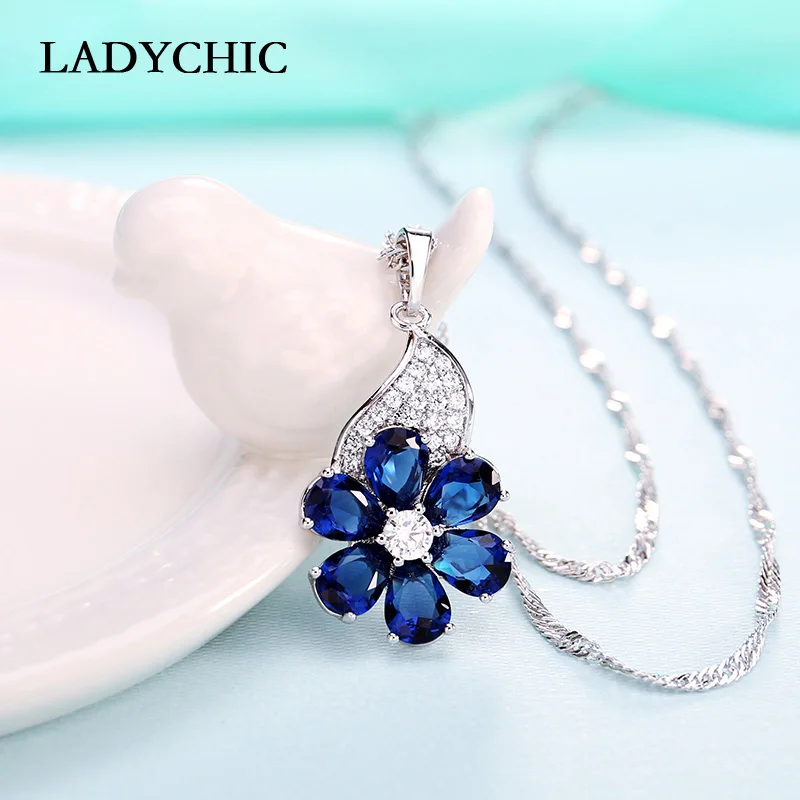 LADYCHIC роскошный синий и зеленый AAA цветок с цирконом Кулон Ожерелья модные кристалл серебряный цвет Свадебные украшения LN1097