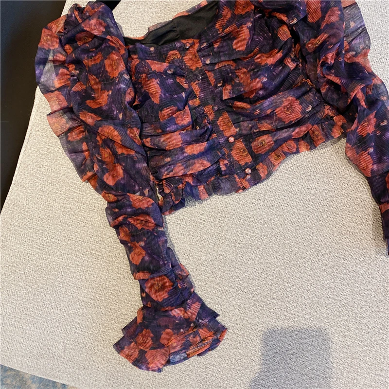 

Vintage Print Sexy V-neck Puff Sleeve Short Chiffon blouse Fashion Elegant Shirt 2021 Spring new arrival Crop tops