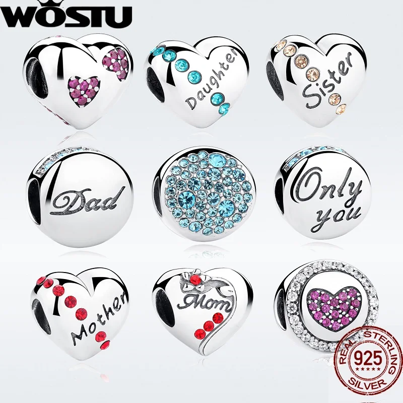 WOSTU, 925 пробы, одноцветные Серебряные Круглые бусины для любви, CZ, подходят к оригинальному браслету Pandora, подвески, Аутентичные DIY Ювелирные изделия DXC009