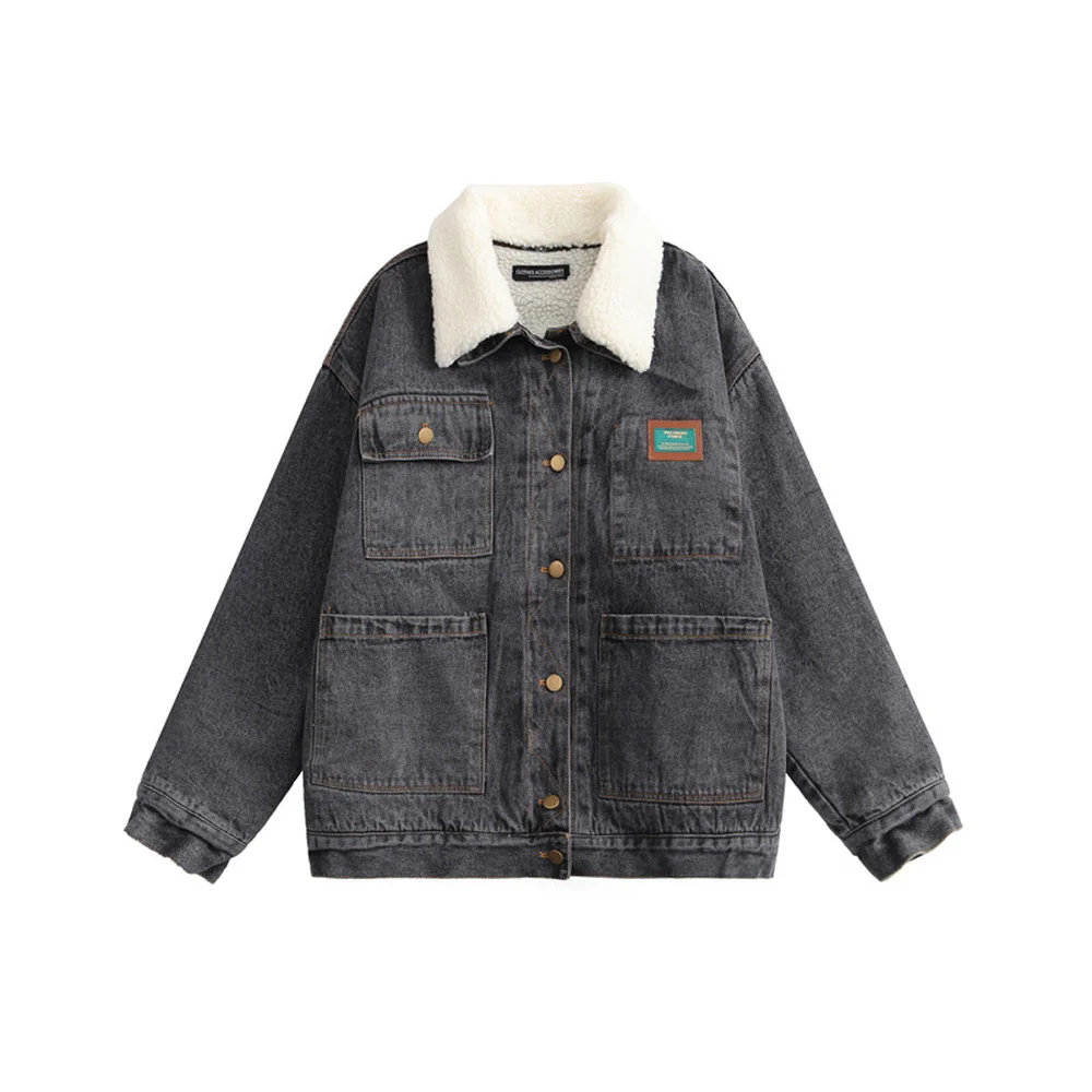 Covrlge Plus Velvet Men's Denim Jacket Winter New Couples Wear Tooling Detachable Fur Collar Denim Thick Cotton Coat Male MWM130