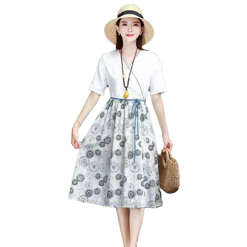 

Large cotton and linen women's clothing 2021 summer new style V-neck waist slimming belly small temperament printed dress