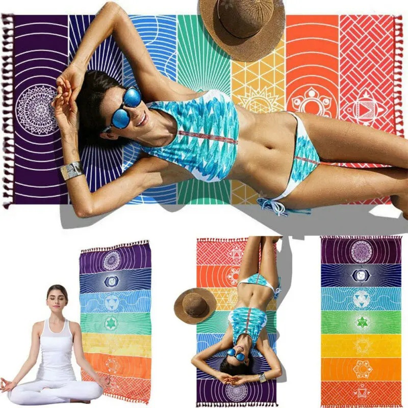 Нескользящий Радужный Boho Летний Пляжный коврик Мандала шаль одеяло широкие