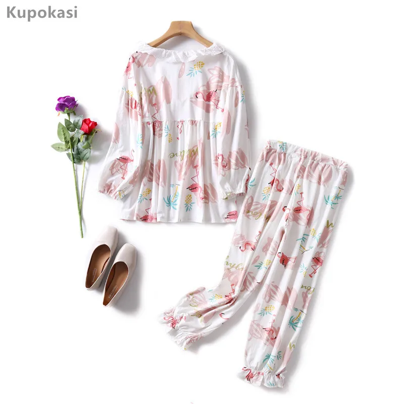 

Новинка, хлопковый пижамный комплект kuпокаsi, весенне-осенняя Пижама с фламинго, милая розовая пижама для девушек, 2 предмета, костюм с длинным рукавом, женская одежда для сна