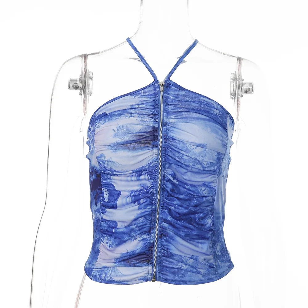 Сексуальным вырезом на спине и синего цвета с принтом тай дай печатные камзол 2021