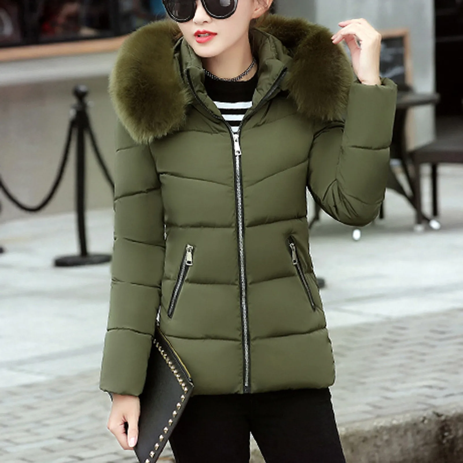 

Fashion Women Winter Warm Fur Hooded Cotton Jacket Slim Zipper Solid Colors Long-Sleeved Down Coat Outerwear Chaqueta Mujer#g3