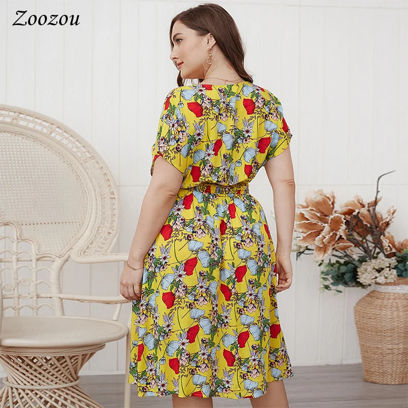 

Short Sleeve Floral Printing Knee Length Dresses Fashion Summer V Neck New Wild Dress Plus Size Casual High Waist Women Dress