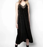 womens black jacquard robe asymmetric lace trim patchwork sling silk casual spaghetti strap midi dress