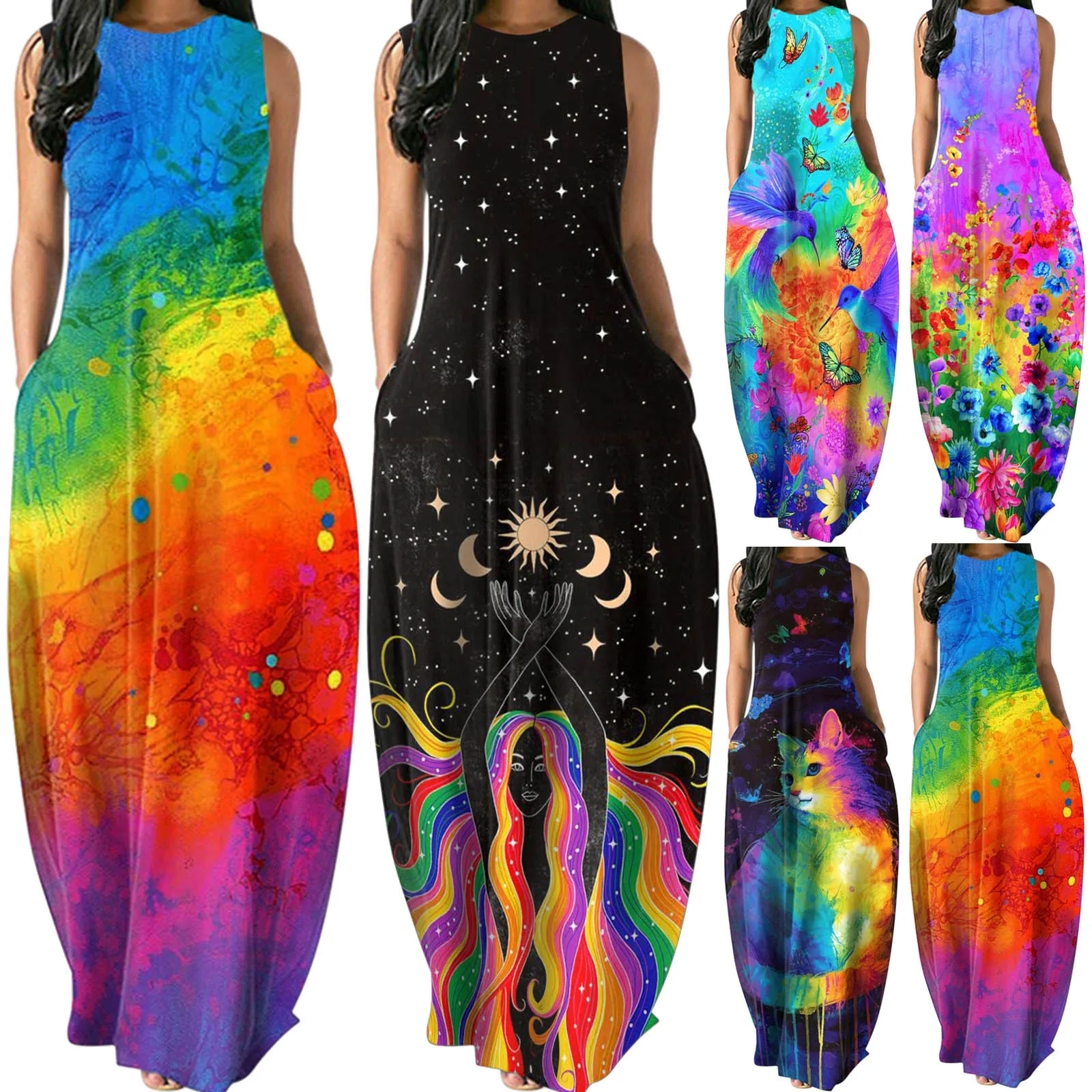 

dresses for women 2021 Women Summer O-neck Flower Print Sleeveless Plus Size Pullover Long Dresses