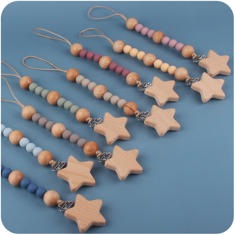 

Star Beech Wood Pacifier Clip Holder Eco-friendly Silicone Teething Beads Nipple Holder for Infant