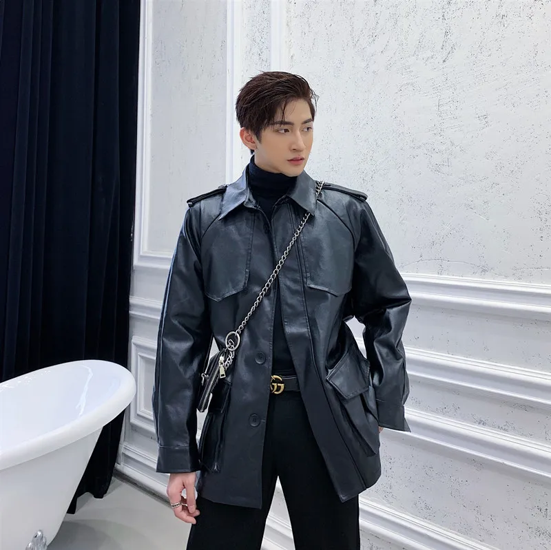 Мужская байкерская куртка из ПУ кожи черная верхняя одежда с поясом в стиле панк