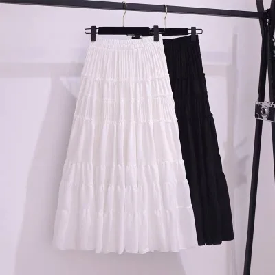 

emperament solid color big swing mid-length cake skirt spring and summer new female A-line skirt fairy chiffon long skirt skirt