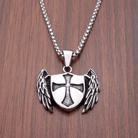 free shipping punk 316 stainless steel armor shield pendant knight templar crusade cross charm christian medieval wings pendant