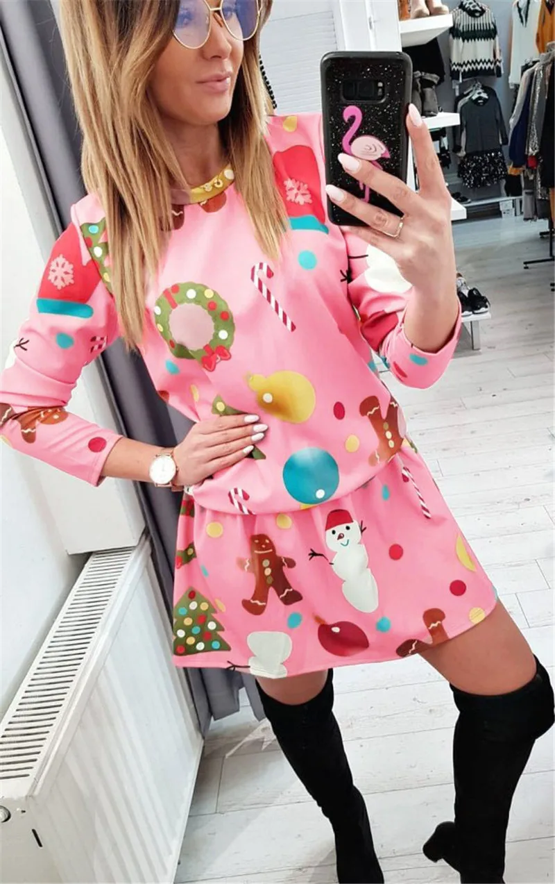Elsvios Women Autumn Winter Christmas Dress New Year Long Sleeve Party Dress Snowman Print Mini Dresses For Parent-Kid Vestidos