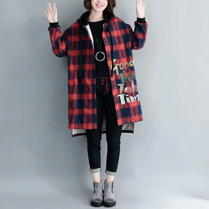 Осень зима 2019 женское длинное плотное красное клетчатое пальто из хлопка с