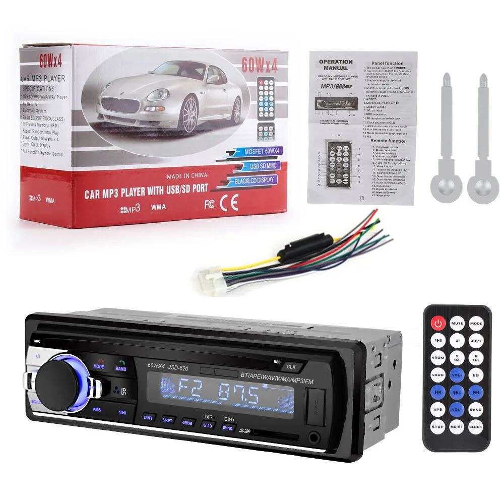 

5 PIECES 12V Bluetooth Car Audio Stereo MP3 Player Radio JSD520 In-dash With Remote Control FM Receiver Preset 18 Stations