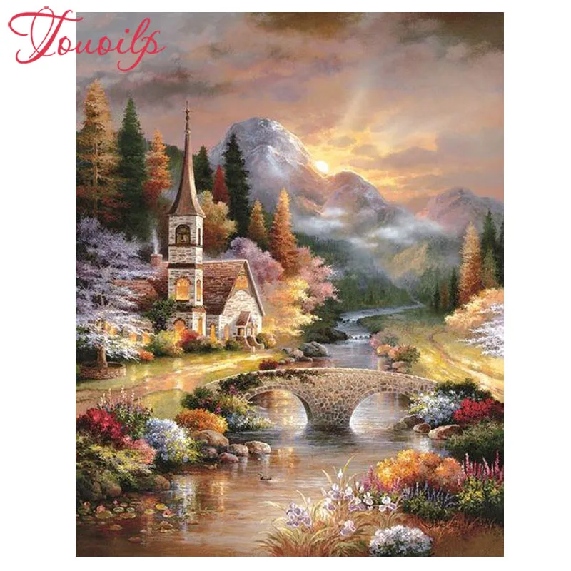 Алмазная живопись TOUOILP с изображением замка и реки своими руками вышивка