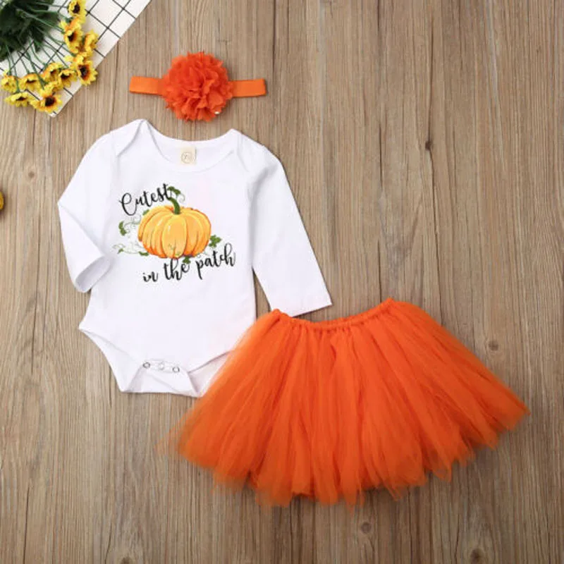 

Infant Baby Girls Sets Halloween Pumpkin Short/Long Sleeve Romper Tutu Skirt Headband 3PCs Outfits Cute Newborn Clothes 0-24M