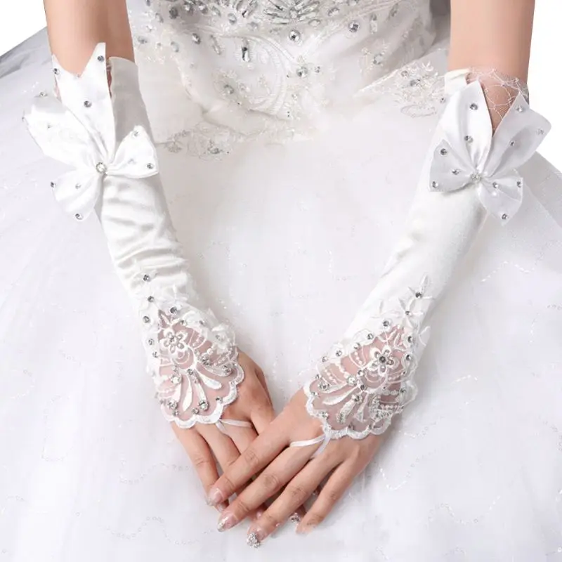 

41XC женские свадебные длинные перчатки без пальцев с цветочной вышивкой кружевом пэчворк ювелирные изделия Стразы бант свадебные атласные ...