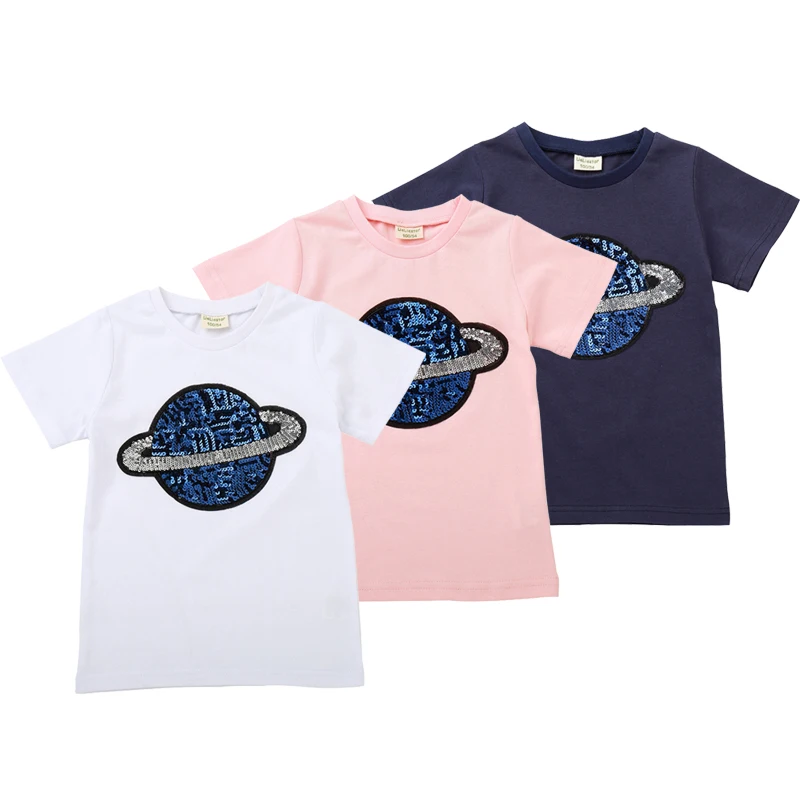 Футболка для девочек и мальчиков двусторонний Топ с блестками коротким рукавом