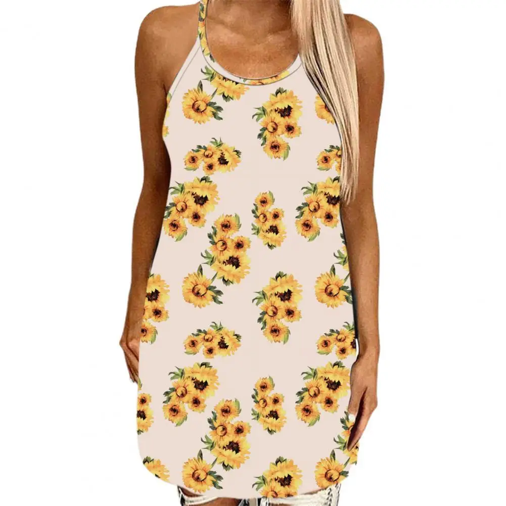 

Sexy Women Harajuku Sundress Sleeveless Backless Hollow Floral Printed Halter Loose Mini Dress for Beach Streetwear