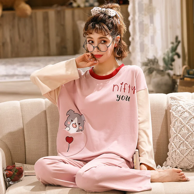 Foply Cartoon 100% Full Cotton Pajamas Set Women Pyjamas Sleepwear Women Nightwear Pijama Mujer Home Wear Long Pants Nightsuit