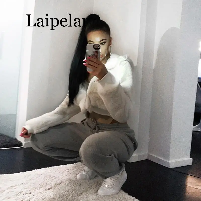 

Laipelar 2019 укороченный Топ с длинным рукавом из искусственного меха с капюшоном, Женская осенне-зимняя теплая куртка, уличная одежда для вечер...