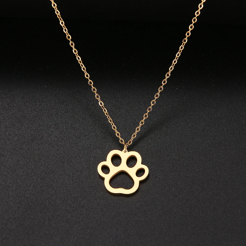 HOT SALE Gold Color Cute Animal Footprints Dog Cat Footprints Paw Necklaces Pendants Women Stainless Steel Jewelry