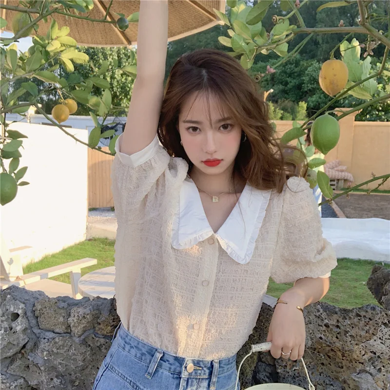 

Peter Pan Collar Shirt for Women Summer Korean Version Sweet Style Clothing Puff Sleeve Solid Fashionable Straight Thin Blouses