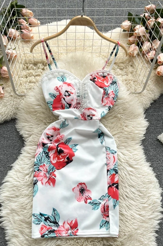 

2021 Summer New Fashion Women Korean Elegant Spaghetti Strap Square Collar Sleeveless Print Mini Dress Vestidos De Mujer J272