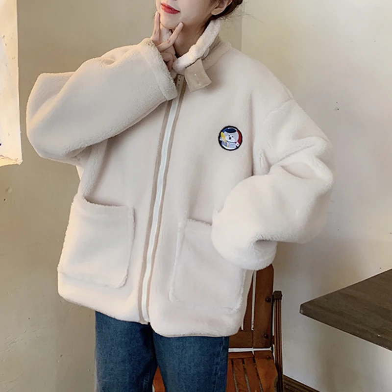 WKFYY Women Winter Causal Beige Lambswool Cartoon Beer Embroidery Stand Collar Thick Oversize Jacket Coat Outwear C4004