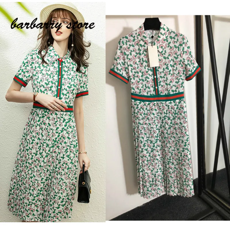 

2021High quality women's fashion printed short sleeve dress high waist slim Lapel A-type skirt elegant temperament pleated diess