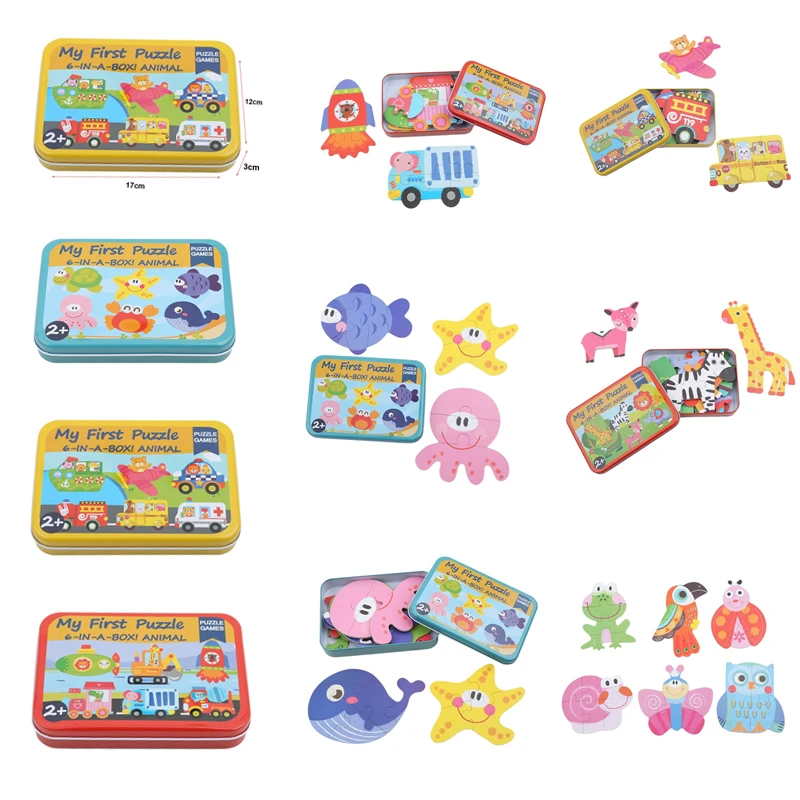 Детские игрушки-пазлы железная коробка Мультяшные животные деревянная