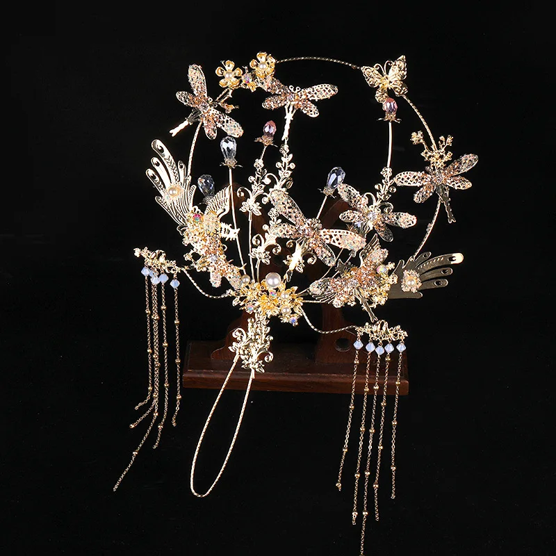 Ажурный китайский винтажный свадебный веер-букет Золотая круглая Веерная