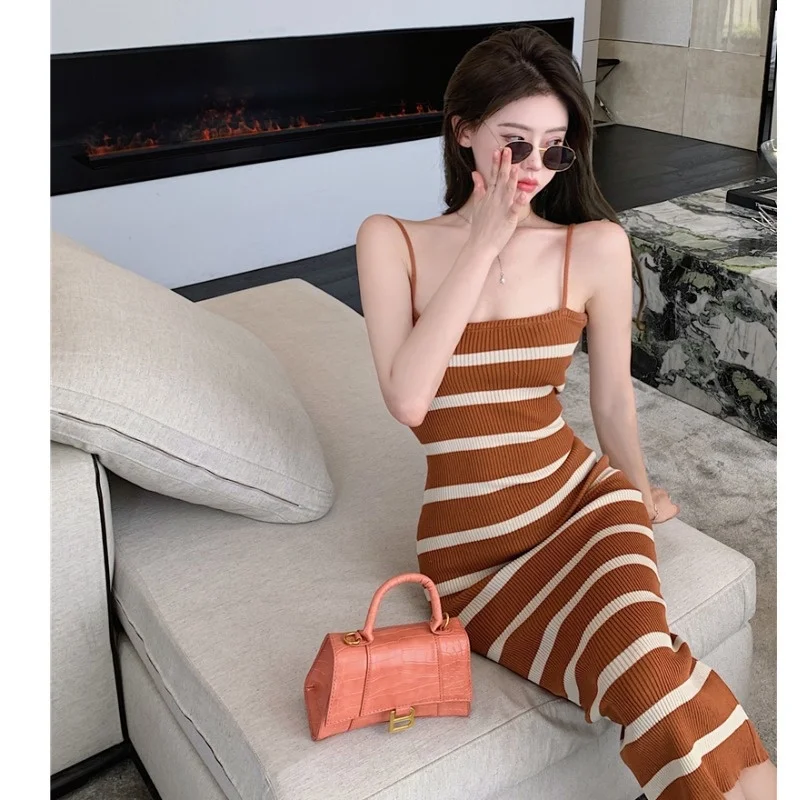 

CMAZ Dress For WomenSexy Knitted Striped Suspender Dress for Women 2021 Summer New Hong Kong Style Niche Slim Fit Sheath Long D