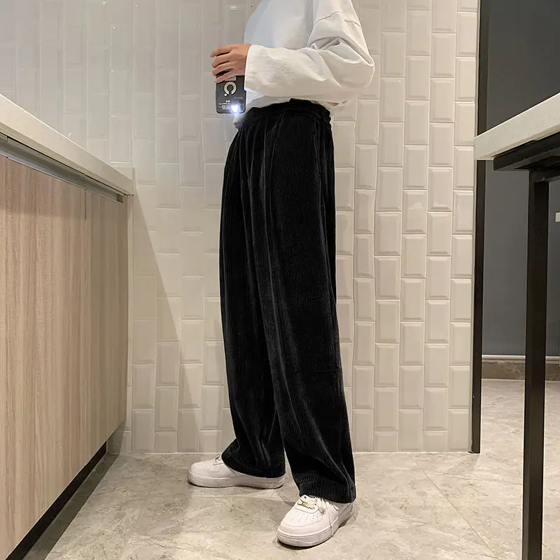 

Korean Style Wide Leg Pants Men's Fashion Retro Gold Velvet Casual Pants Men Streetwear Loose Hip-hop Straight Trousers Mens