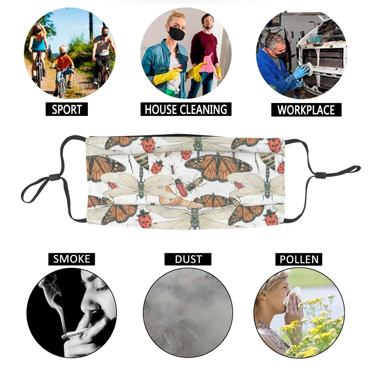 

Scattered Insects Butterflies Adult Non-Disposable Mouth Face Mask Animal Anti Haze Dust Protection Cover Respirator