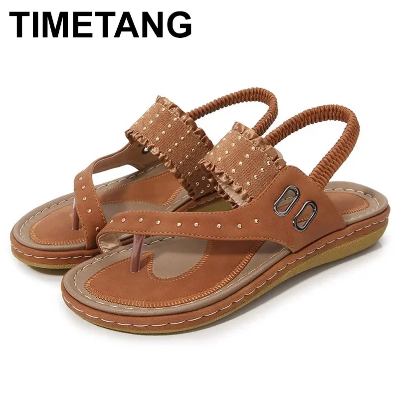 

TIMETANG Round Toe Rivets Ladies Beach Sandals 2021Summer Fashion Soft Bottom Flat Elastic Band Comfortable And Breathable Women