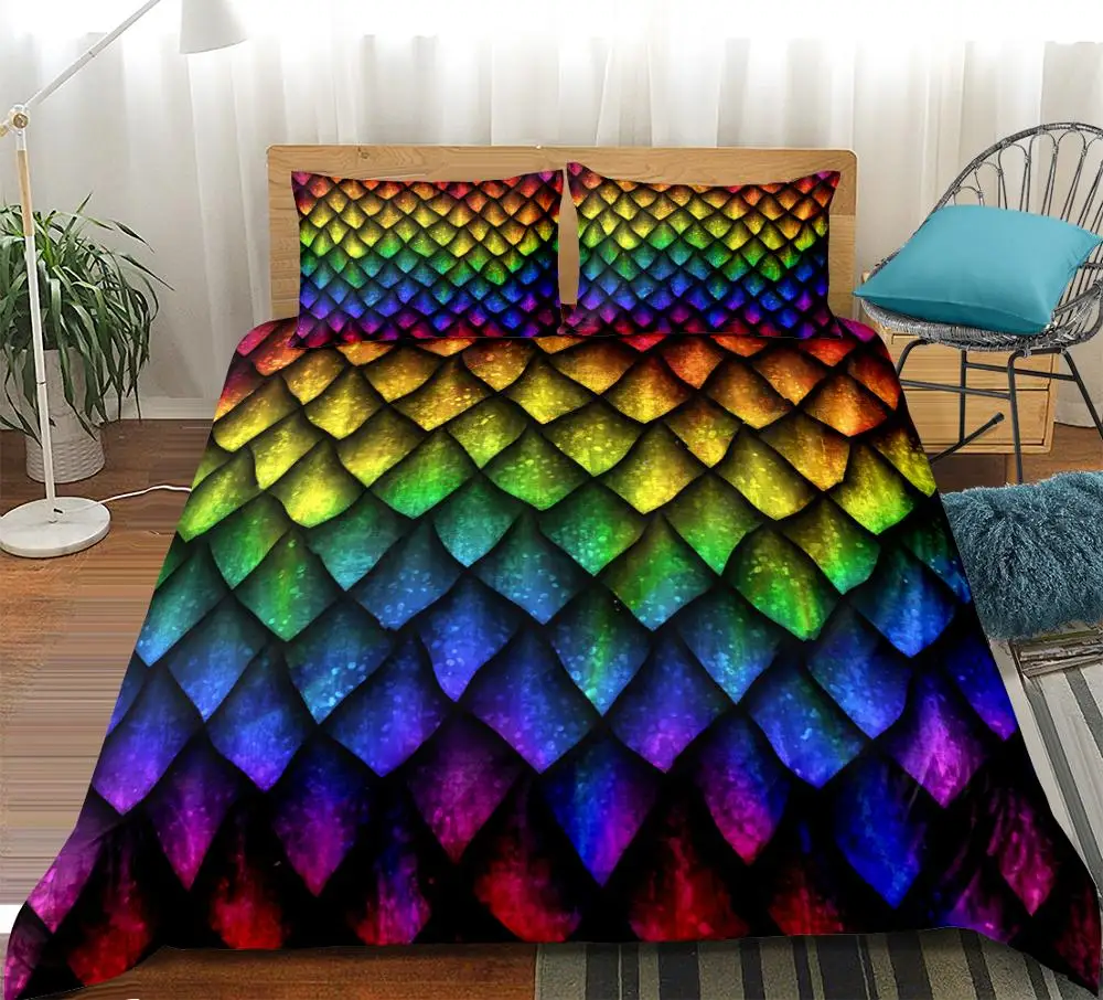 

Dragon Scales Duvet Cover Set Rainbow Bedding Set Luxury Colored scales Quilt Cover queen Bedclothes 3-Pieces King Size dropship