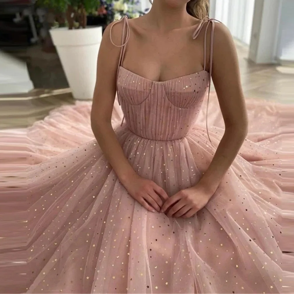 

Glitter Gold Stars Dusty Pink Tulle Prom Dresses Spaghetti Straps With Ties Bow Pockets Ruched Long Evening Party Gowns